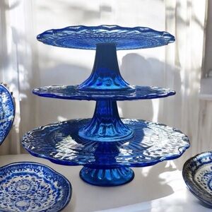 Vintage Laurel Leaf Cobalt Blue Glass Pedestal Cake Cupcake Tiered Stands Set 3